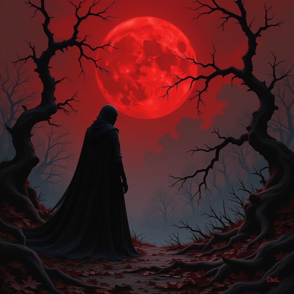Skeletal Figure Under Blood Moon in Gothic Forest