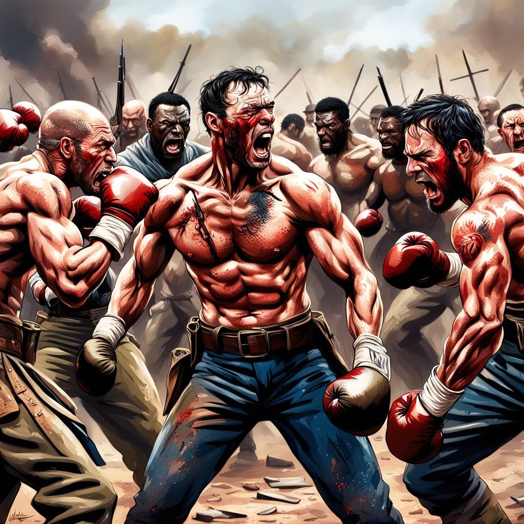 Shirtless Civil War Soldiers Boxing on Battlefield