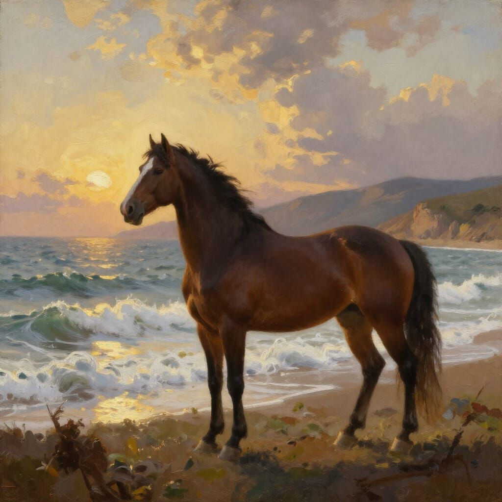 Majestic Horse and Dramatic Sea Oil Painting