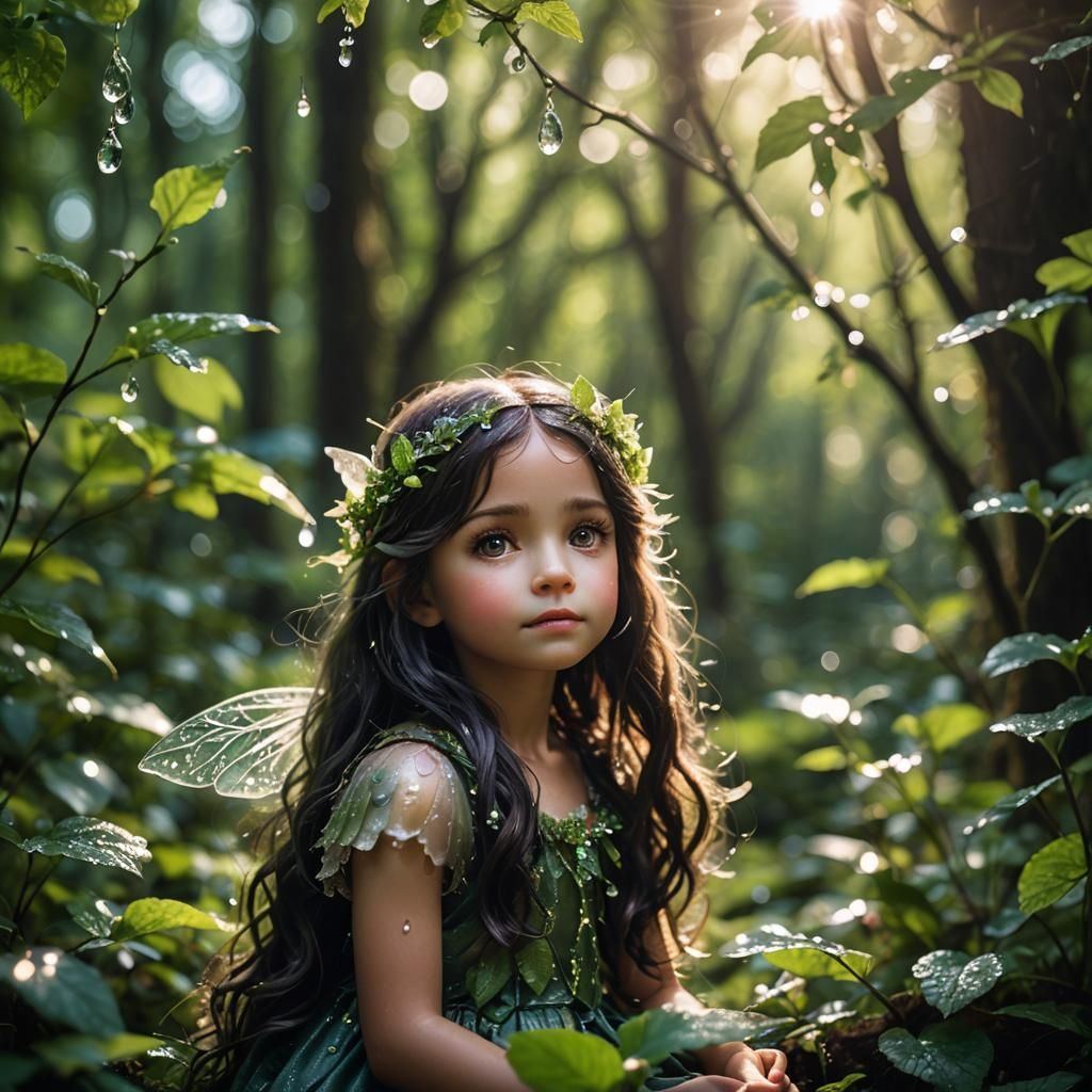 Macro photography of a tiny fairy with long dark hair sitting in a leafy forest. Dew drops reflecting the sunlight that ...