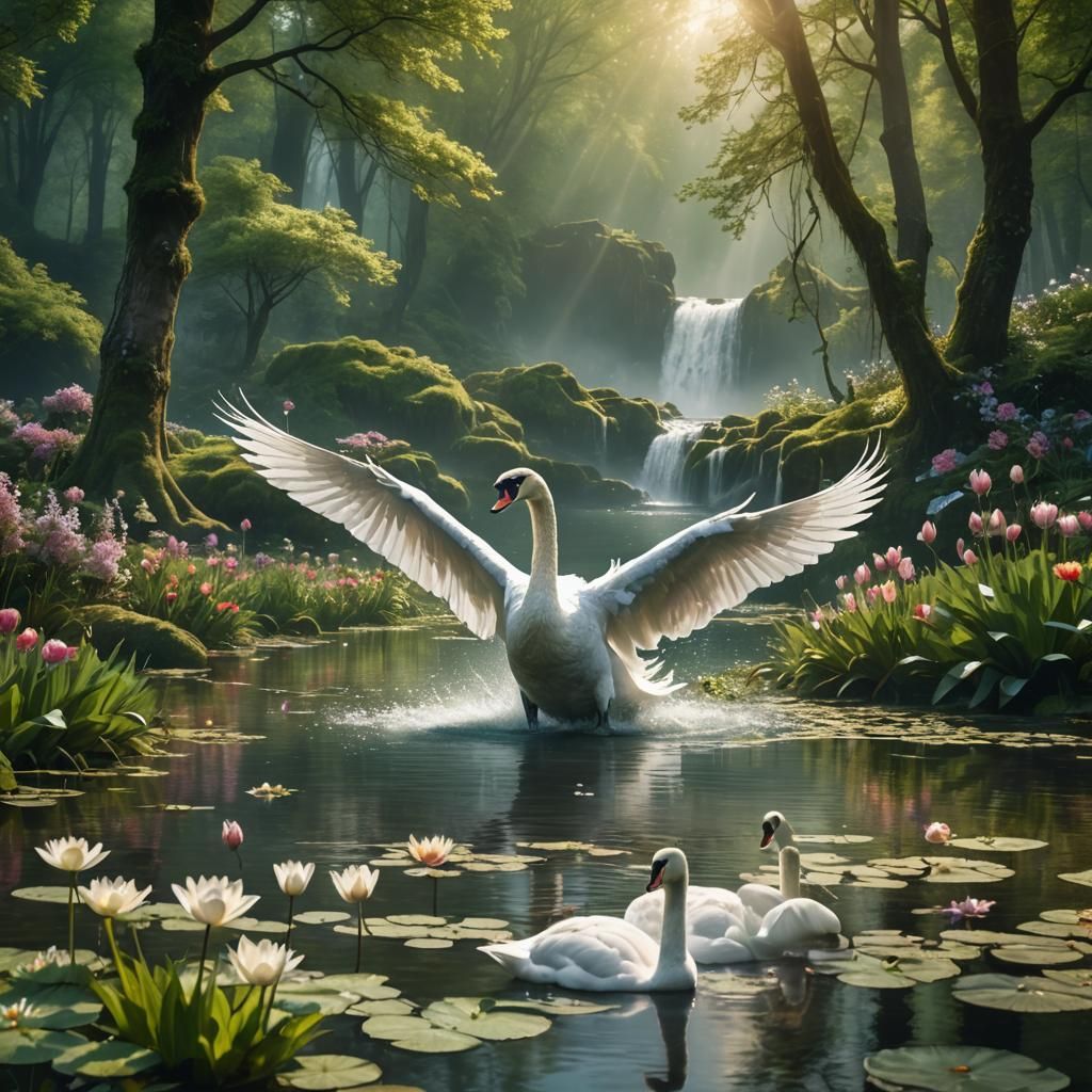 Swan Flapping Wings Over Forest River