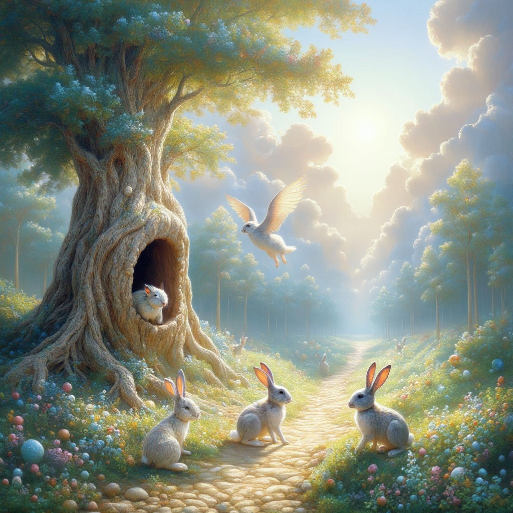 Ethereal Rabbits Frolic in Sunlit Woodland Clearing