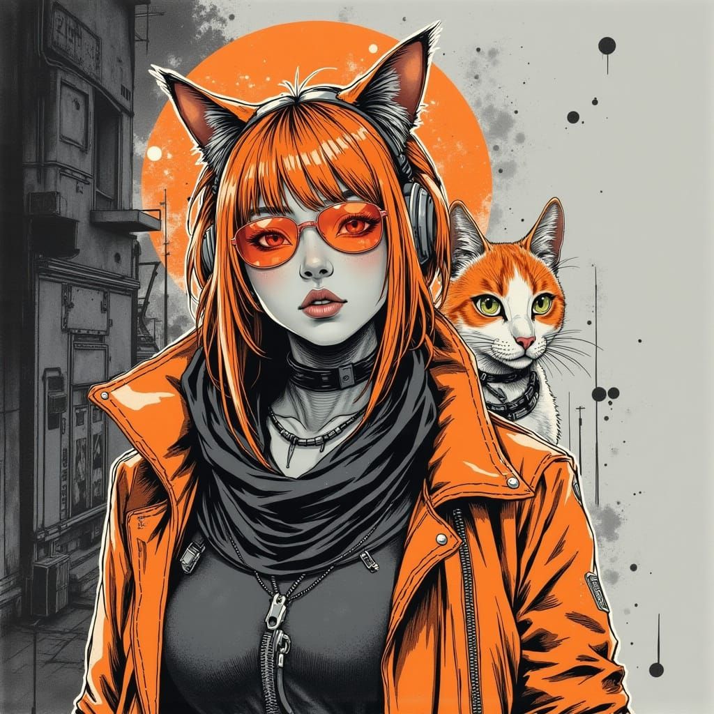 Vibrant Orange Cat in a Futuristic Setting