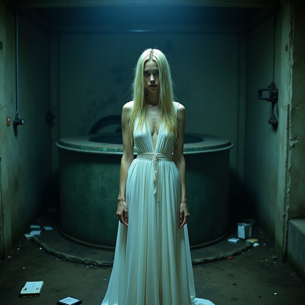Donatella Versace as Sadako in Eerie Cinematic Scene