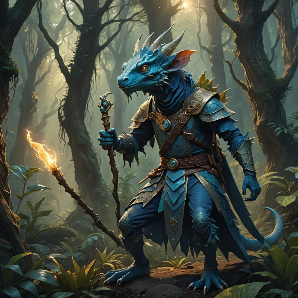 Blue Kobold Sorcerer in Mystical Forest Concept Art