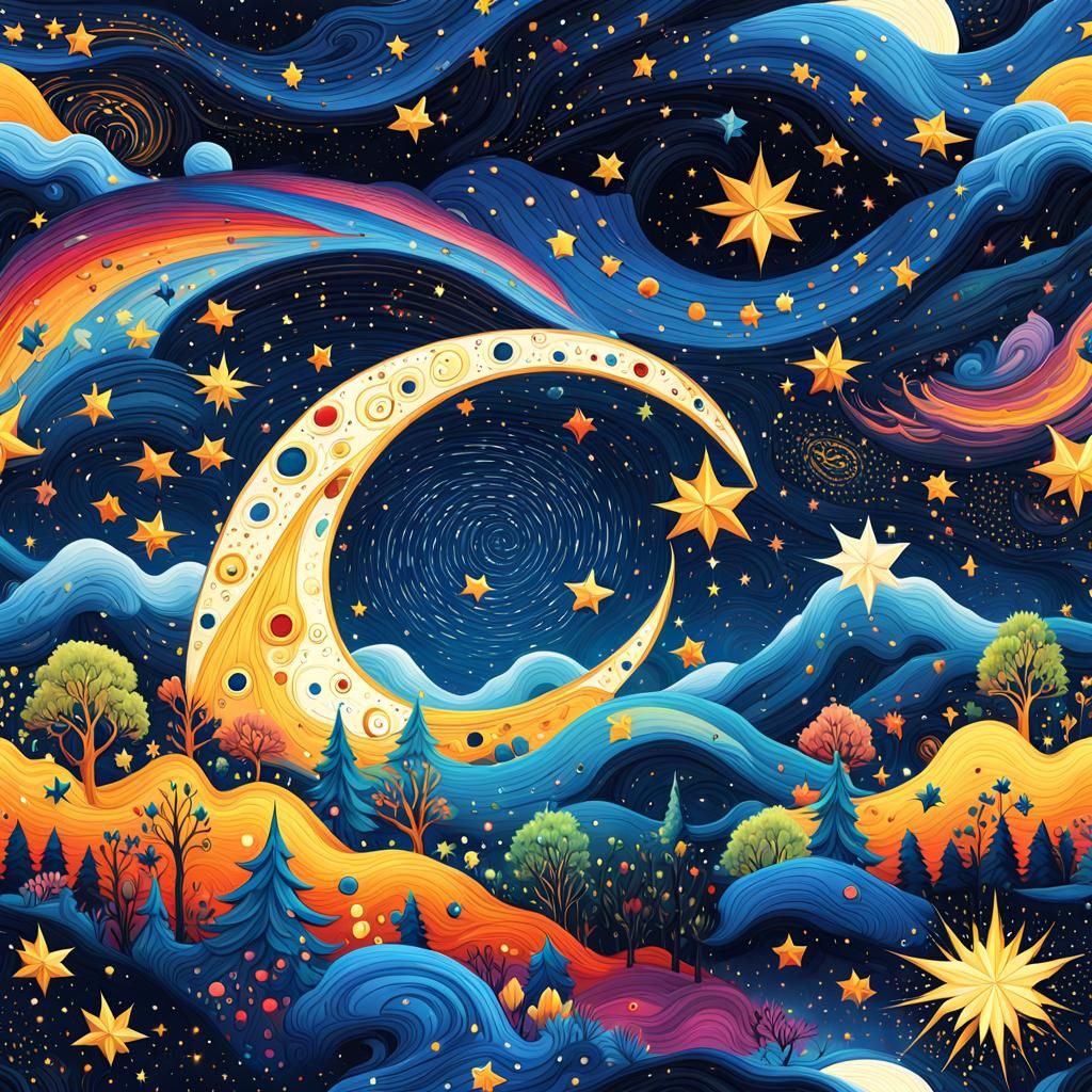 Fantasy Starry Night Seamless Pattern in Vivid Colors