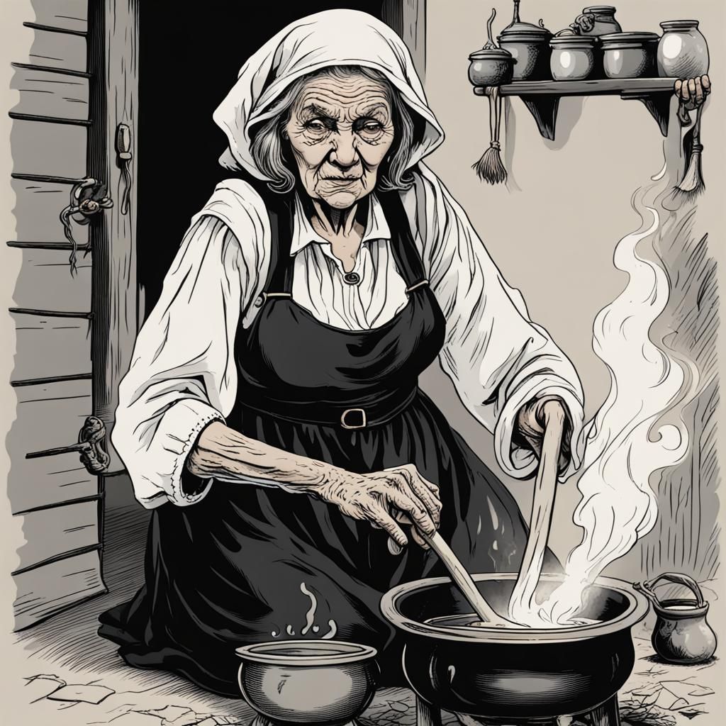 Witch Stirring Cauldron: Classic Folklore Scene