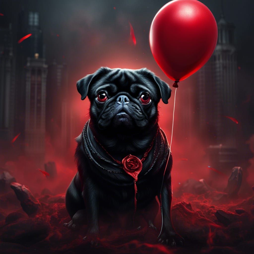 Sinister Black Pug Portrait with Red Balloon