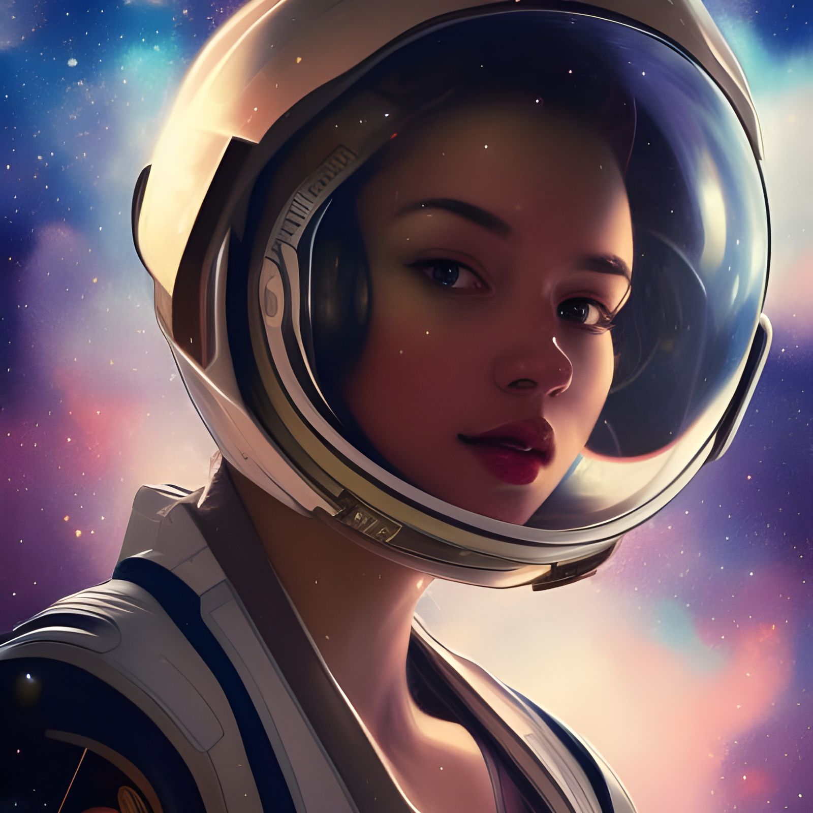 Astronaut Girl Portrait with Galaxy Background in Art Nouvea...