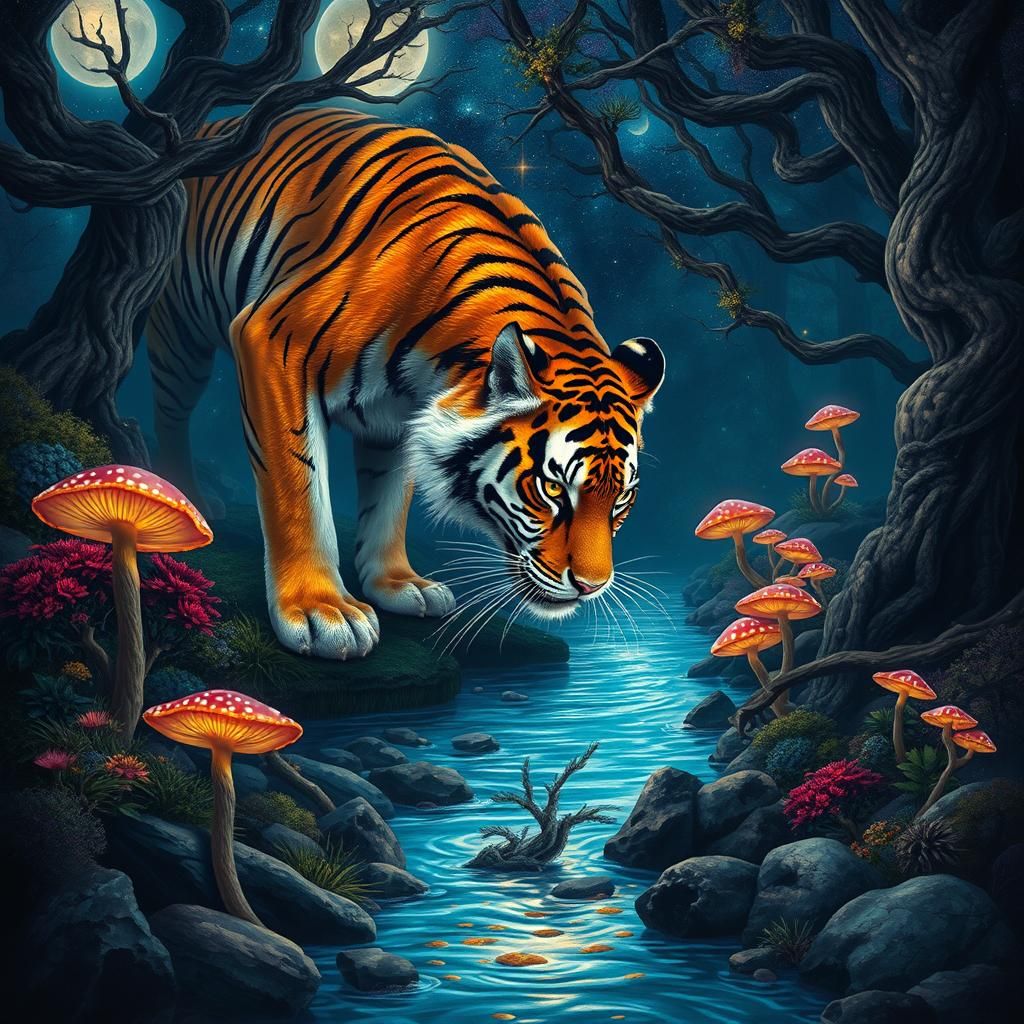 Cosmic Tiger Drinks from Moonlit River