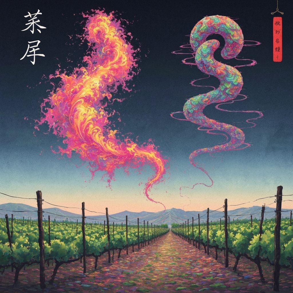 Surreal Vineyard with Mandelbrot Glitchcore in Sumi-e Style