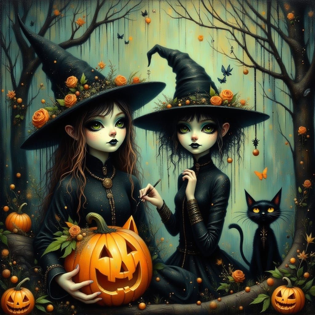 Halloween Pumpkin Witch in Ethereal Forest