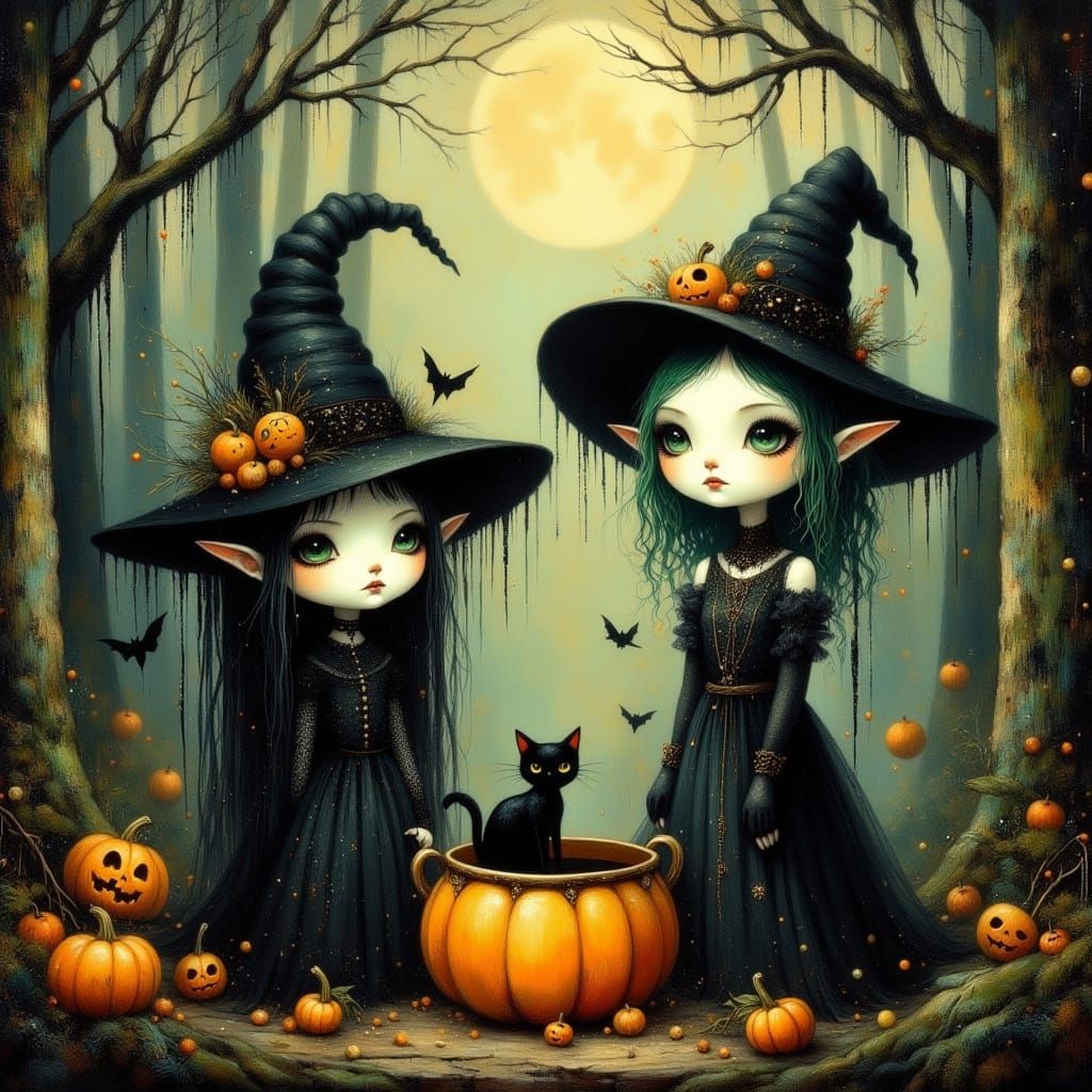 Halloween Pumpkin Witch in Spooky Forest