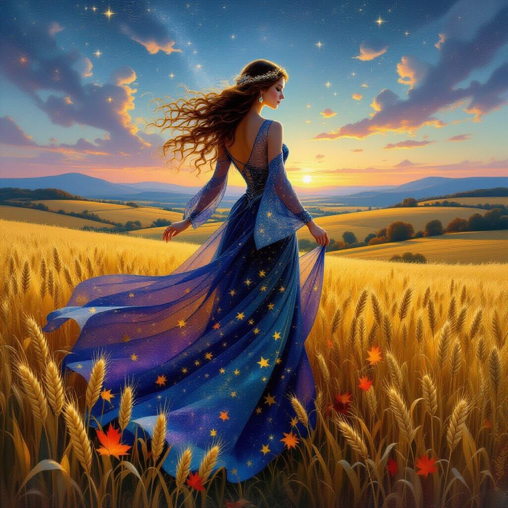 Cosmic Goddess Blesses Autumn Harvest in Pre-Raphaelite Styl...