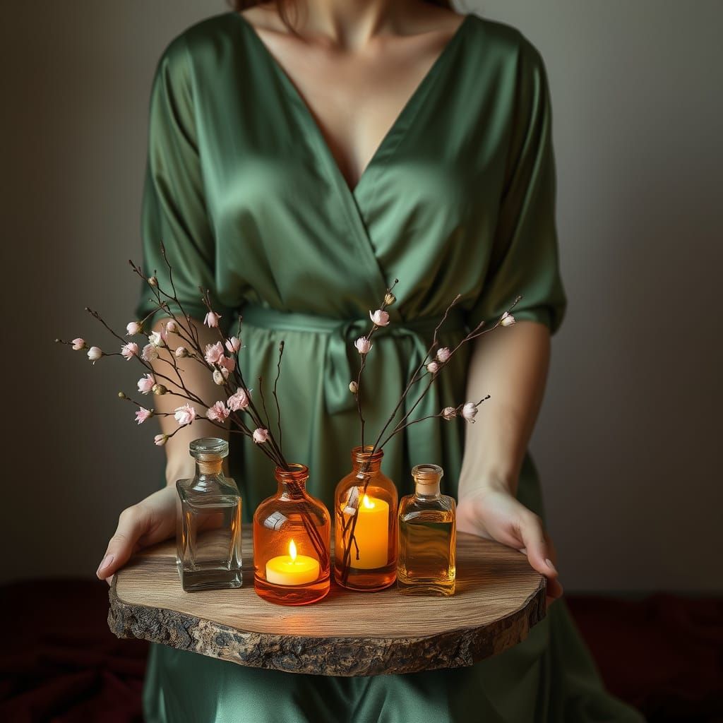 Elegant Woman Holding a Tray of Scented Candles and Oils in ...