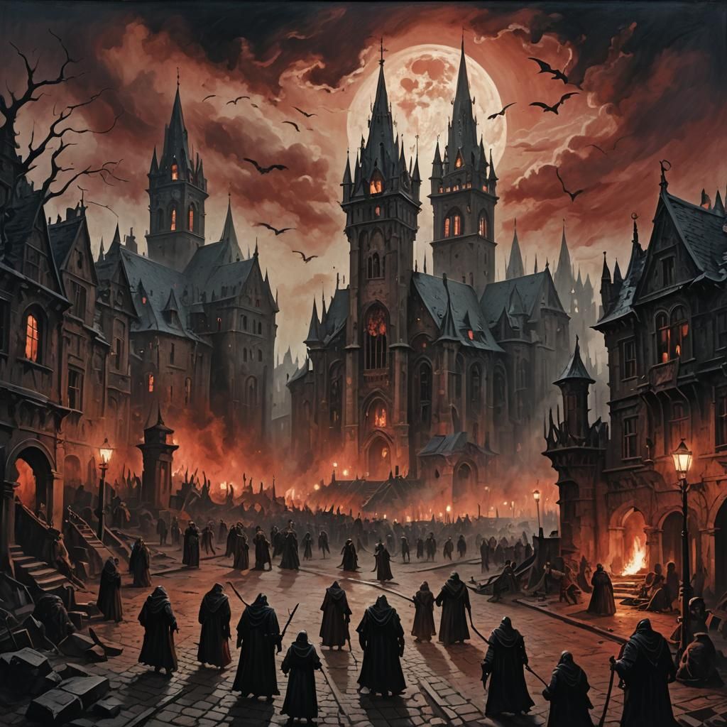 Dark Fantasy Townscape with Monsters in Gothic Style
