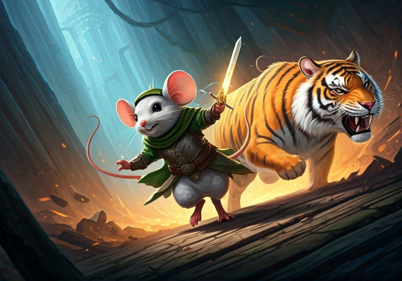 Valiant Mouse Chasing Tiger with Glowing Sword