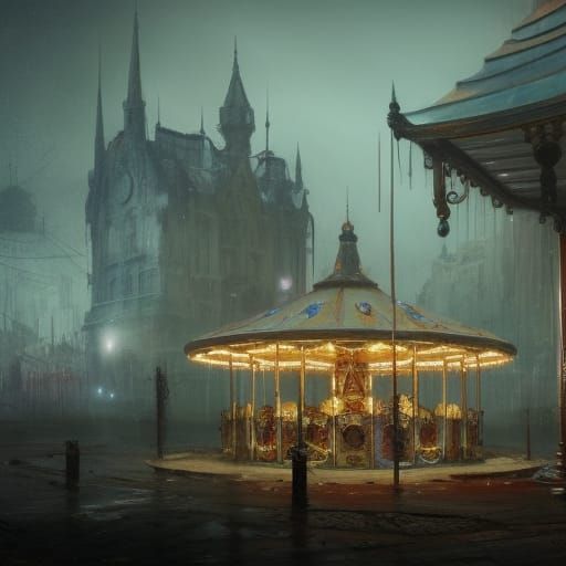 Abandoned Carousel Horses in Dark Fantasy Style