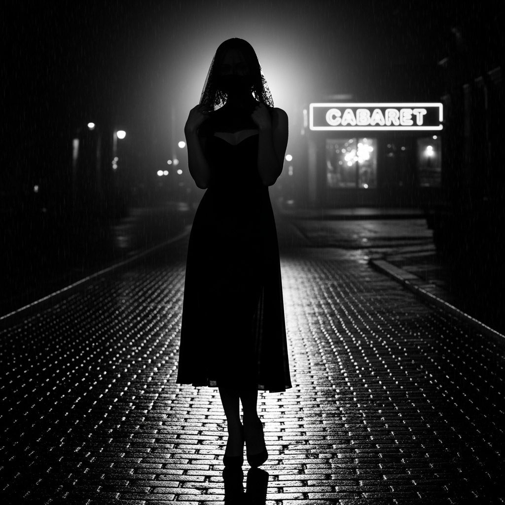 Veiled Russian Woman in Neon-Lit Noir Cityscape