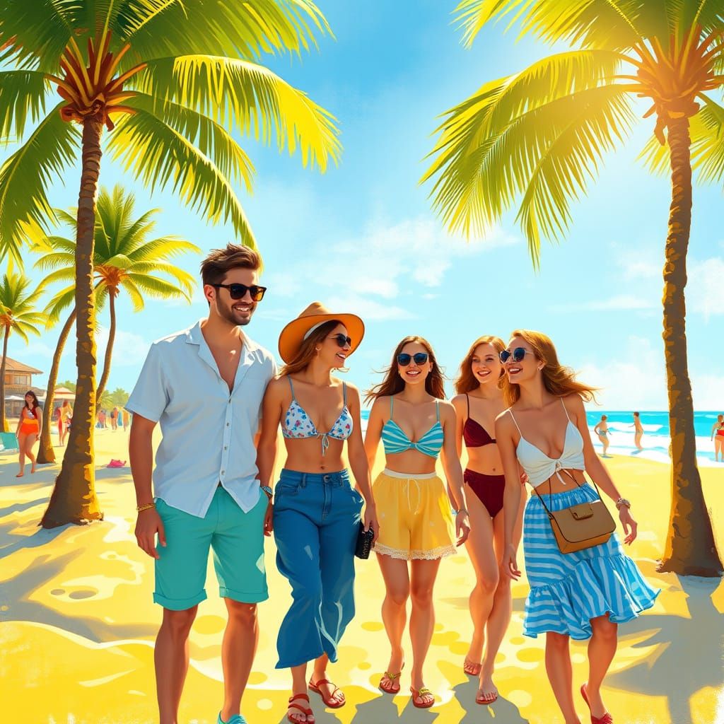 Friends Enjoying a Sunny Beach Day in Golden Hour Light