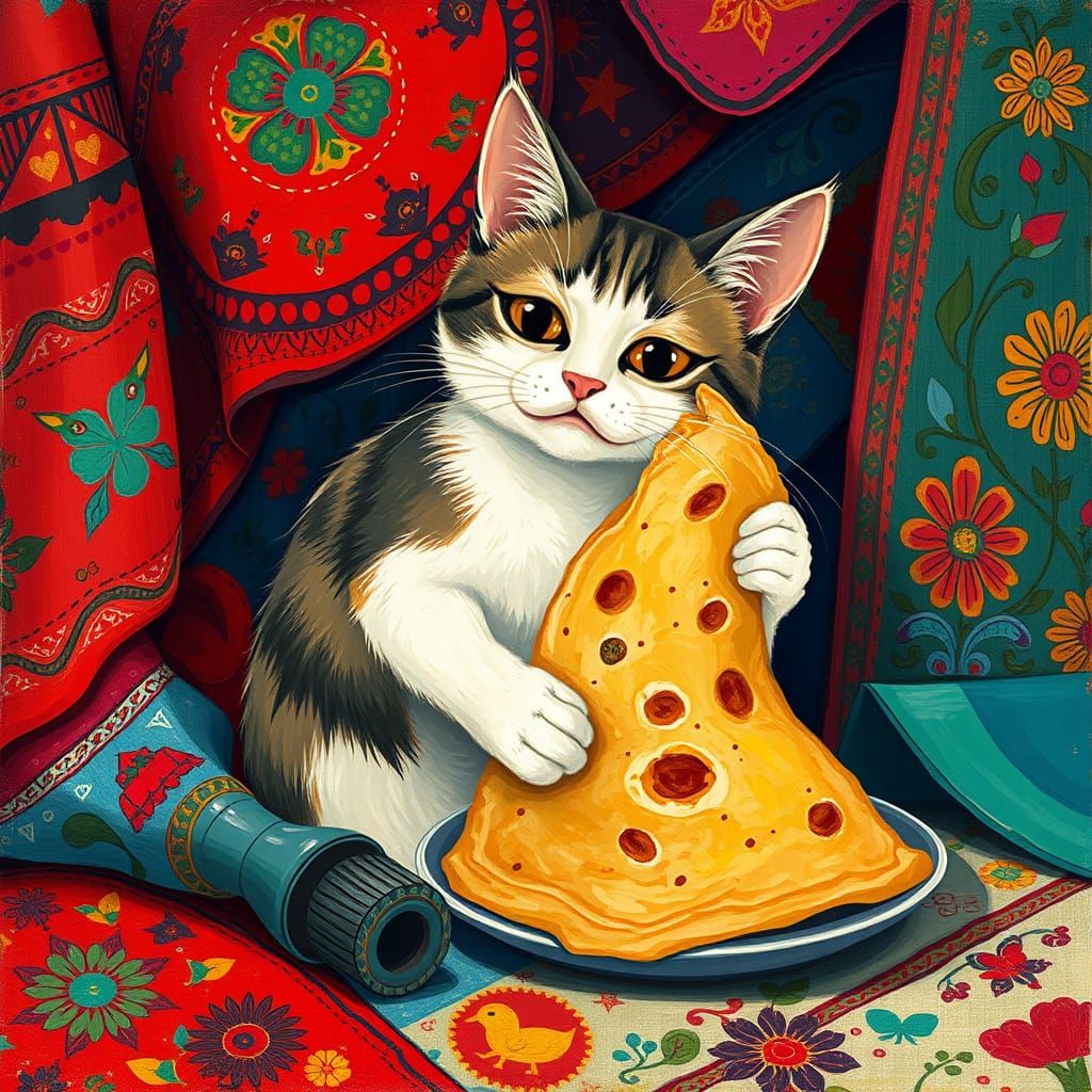 Whimsical Cat Steals Lavash in Folk-Art Style