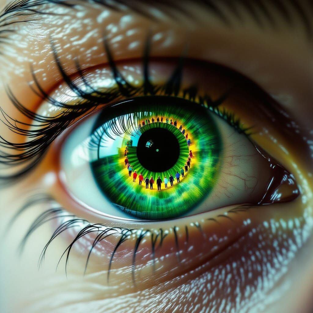 Green Eye Reflects Spiral of People in Surreal Close-Up