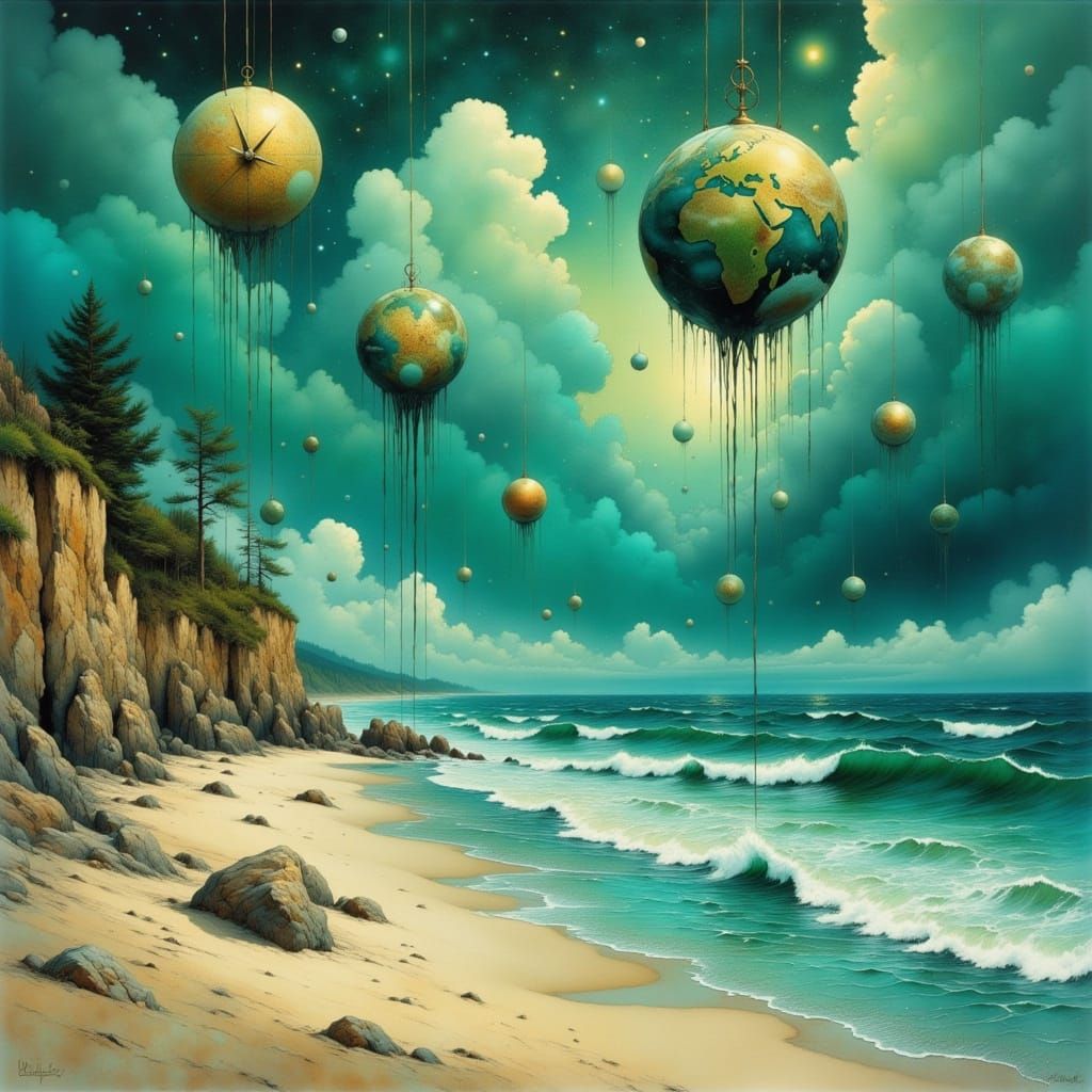 Surreal Beach with Green Clouds and Melting Clocks