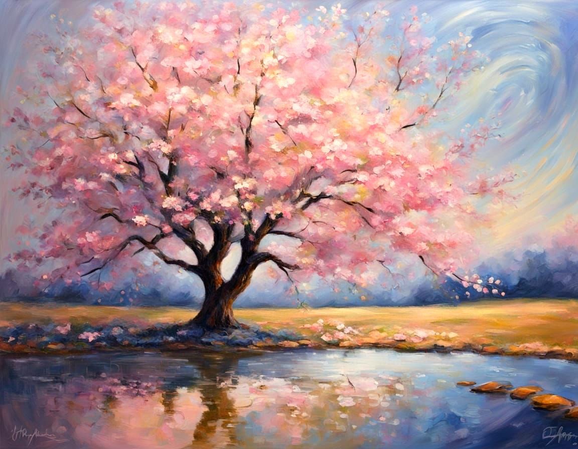 Cherry Blossom Tree with Doves in Impasto Style