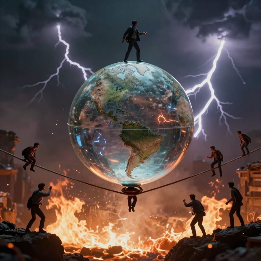 Fragile Globe on Tightrope Above Fire, Political Instability