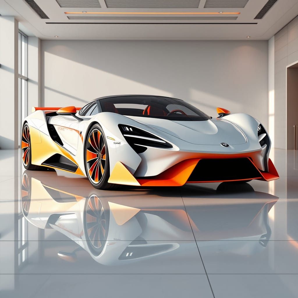 Luxury Sports Car Showcased in Futuristic Showroom