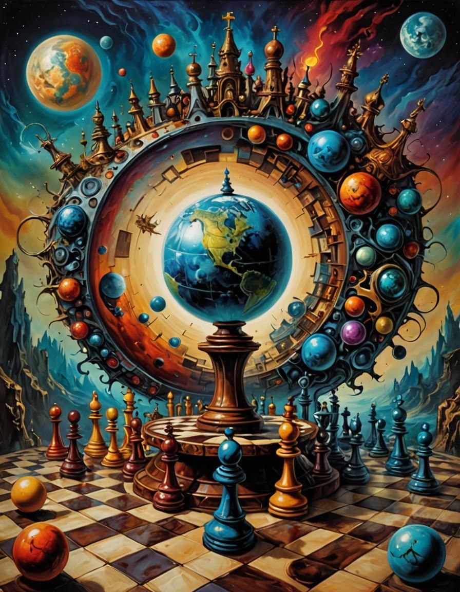 Surreal Planetary Chessboard, Vibrant Colors