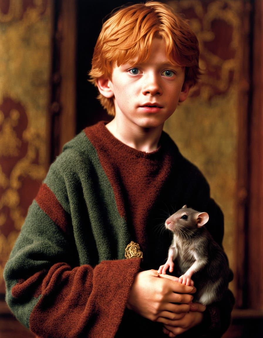 Ron Weasley with Scabbers in Gryffindor Common Room