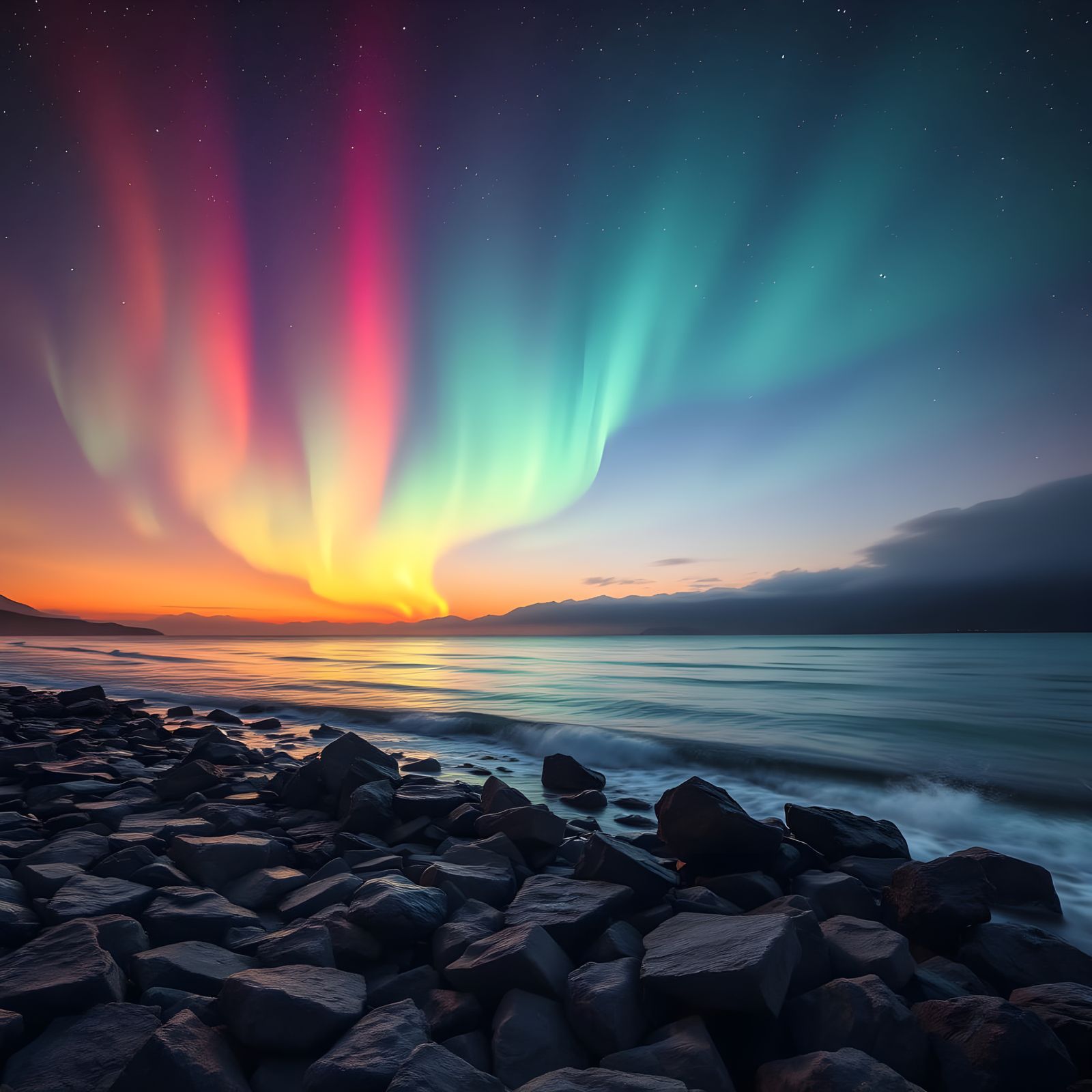 Romantic Shoreline at Dusk Under Vibrant Aurora Borealis