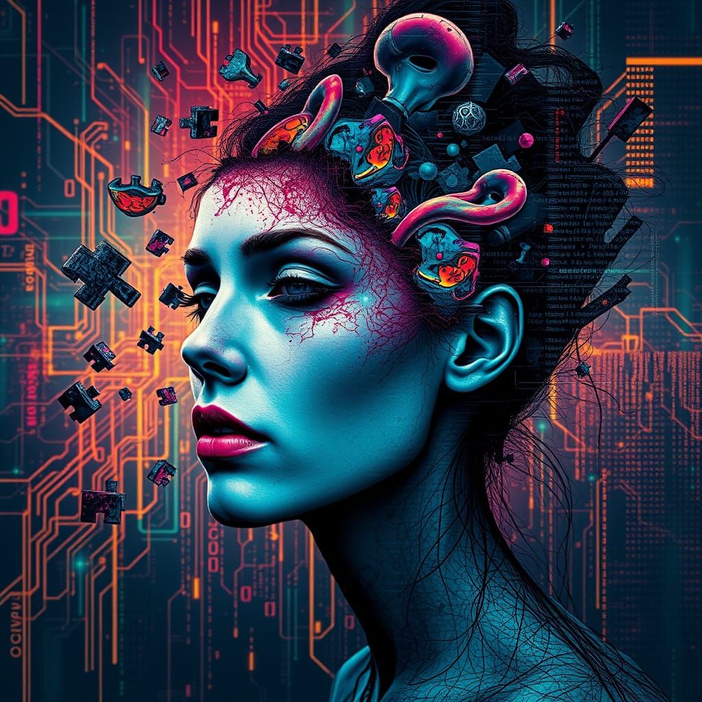 Surreal Portrait of a Woman Unraveling in a Digital Abyss