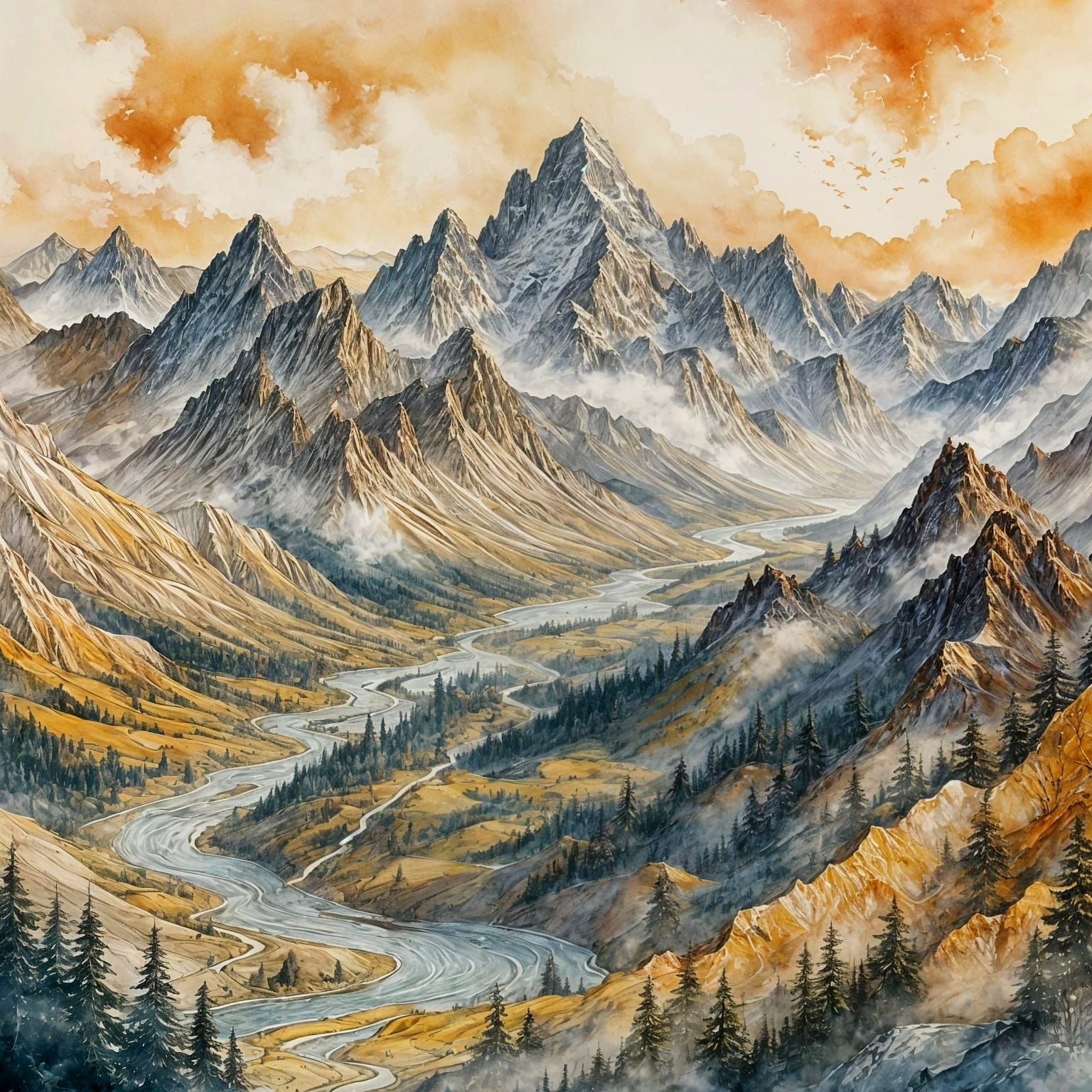 Mountain Ranges in a Magical Watercolor Landscape
