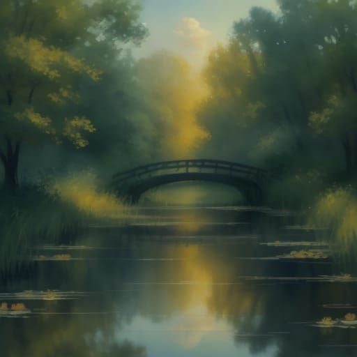 Impressionist Watercolor Bridge in Serene Landscape
