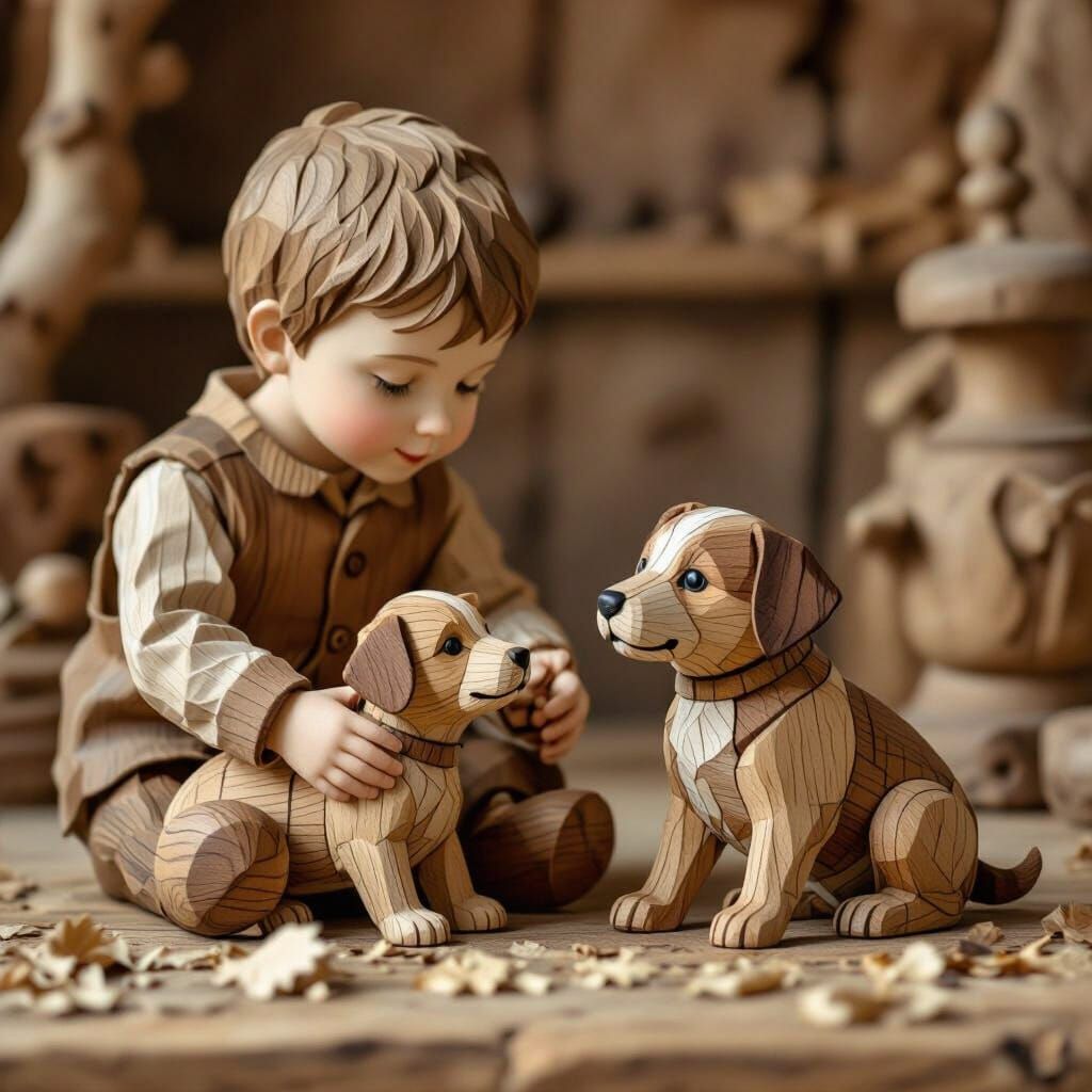 Wooden Sculpture of Boy Playing with Puppy