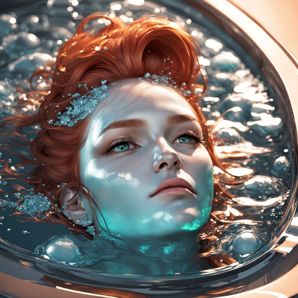 Redhead Woman Bathes in Neon Blue Water: 3D Anime Art