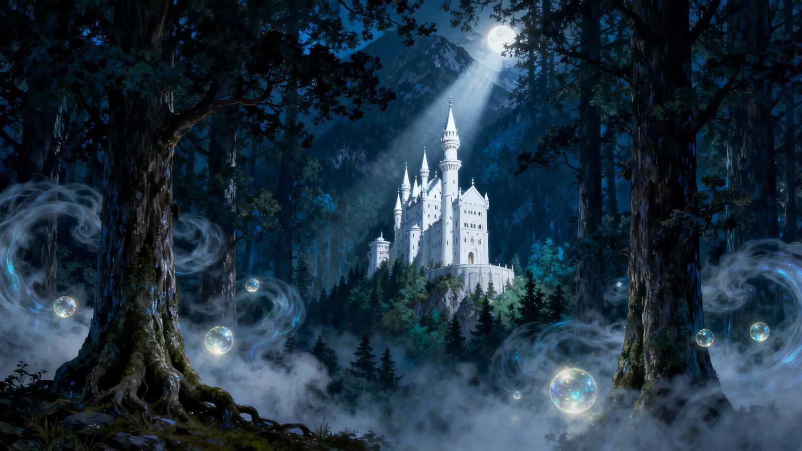 Fairytale Castle in Dark Swiss Alps Forest