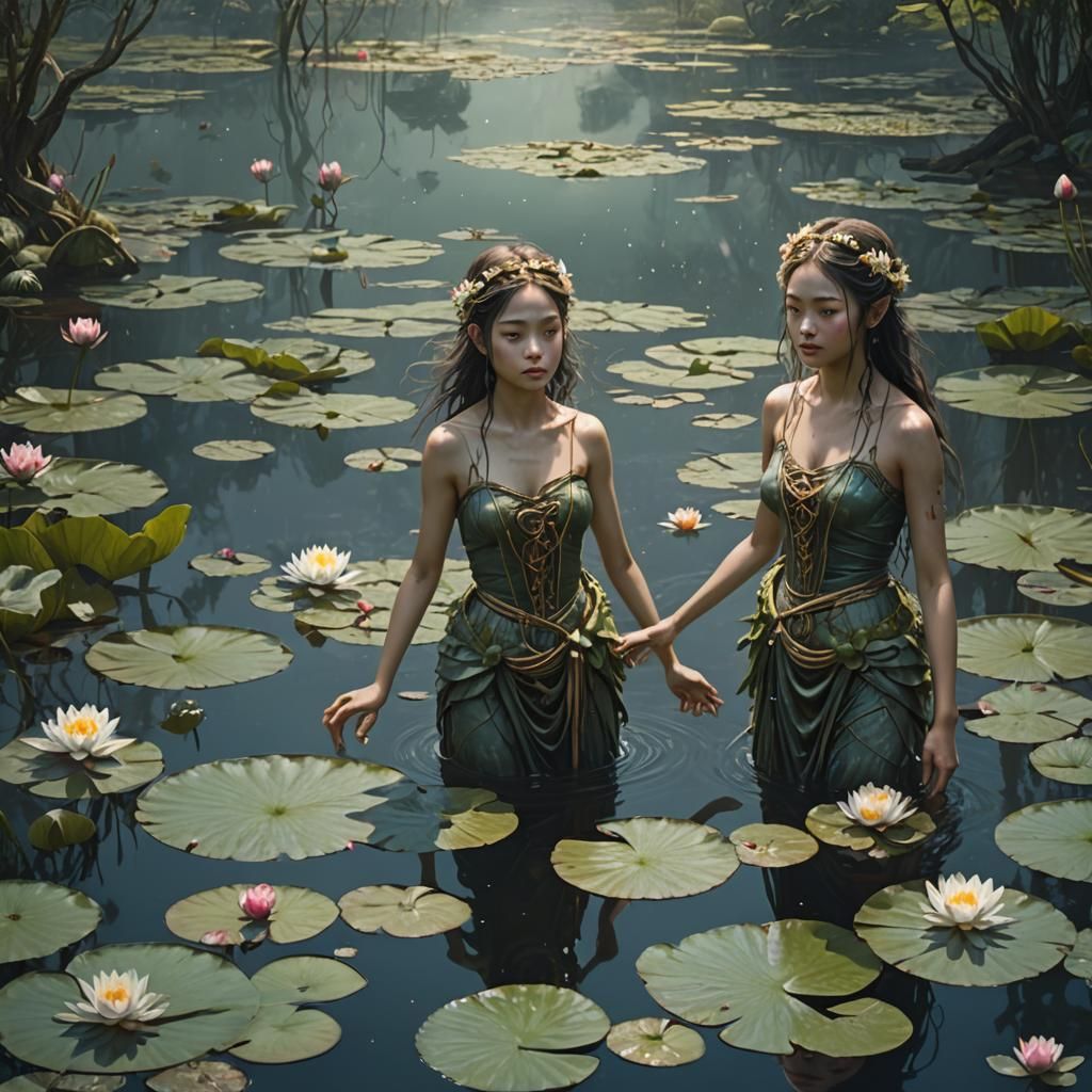 Ethereal Water Nymphs in Fantasy Landscape