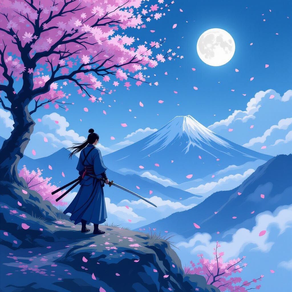 Samurai on Windswept Peak in Anime Style