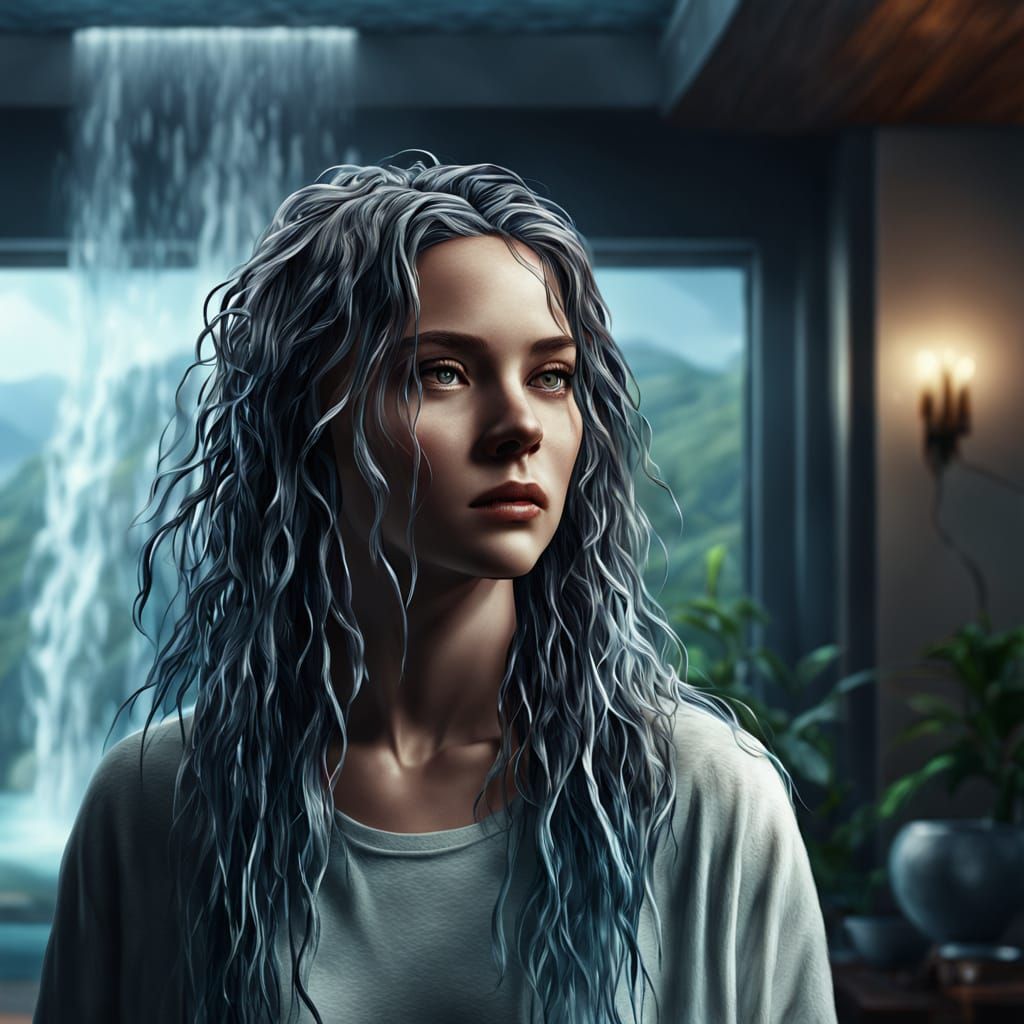 A Woman's Waterfall Hair Flows in Hyper-Realistic Digital Ar...