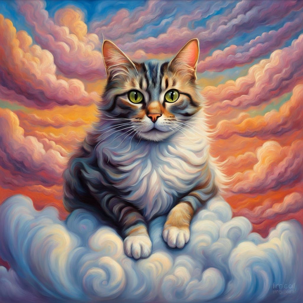 Surreal Cat on Cloud Oil Painting