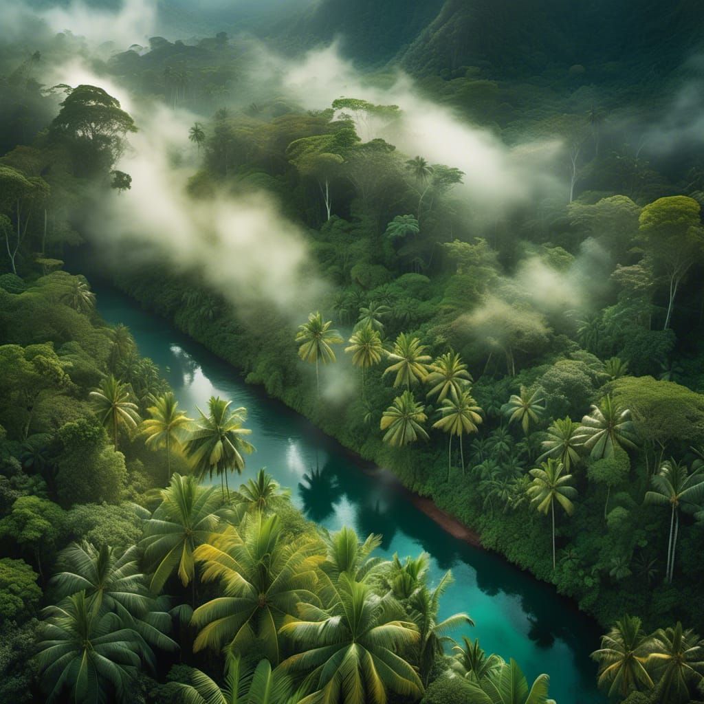 Jungle Train: Panoramic Aerial View in Impressionism