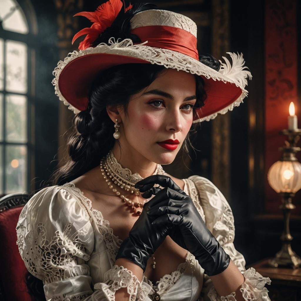 Mischievous Woman in Red Hat: Art Nouveau Portrait