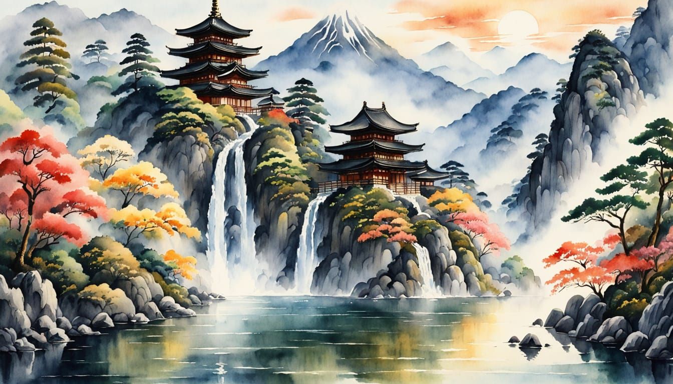Waterfall Pagoda in Gansai Japanese Watercolor Style