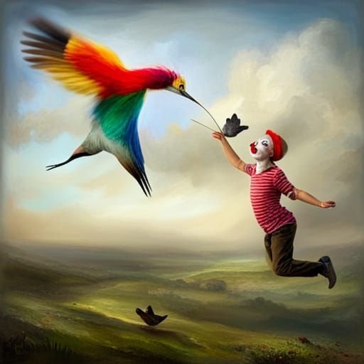Clown Flying Over Bird in Dreamlike Sky