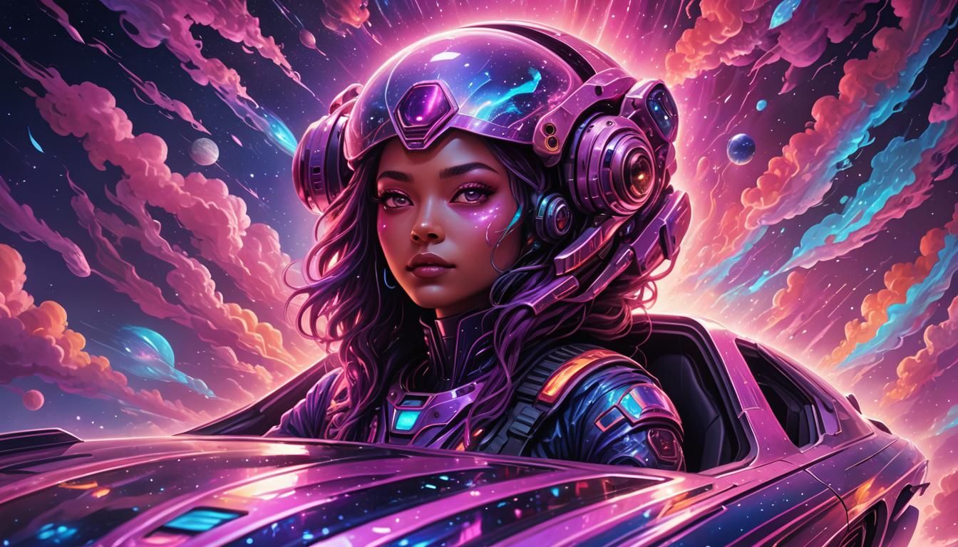 Girly Alien Driving Spaceship in Holographic Cosmic Art