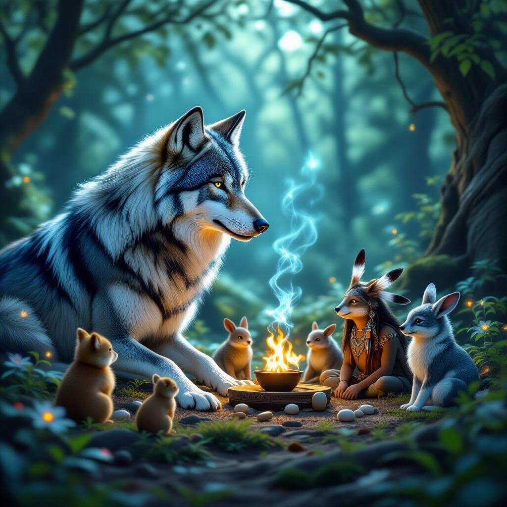 Majestic Wolf Guards Woodland Creatures in Cosmic Grove