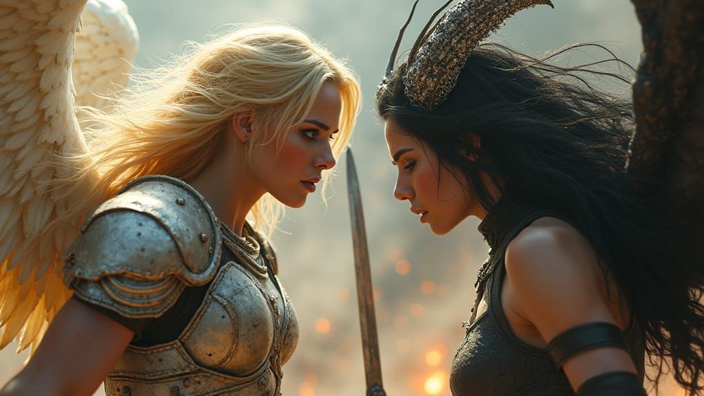 Epic Battle of Light and Darkness in Futuristic Armor